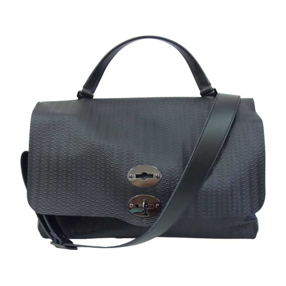 ZANELLATO ザネラート POSTINA ポスティーナ 2WAY 波柄 フラップ メッセンジャー ショルダーバッグ  ブラック系【中古】