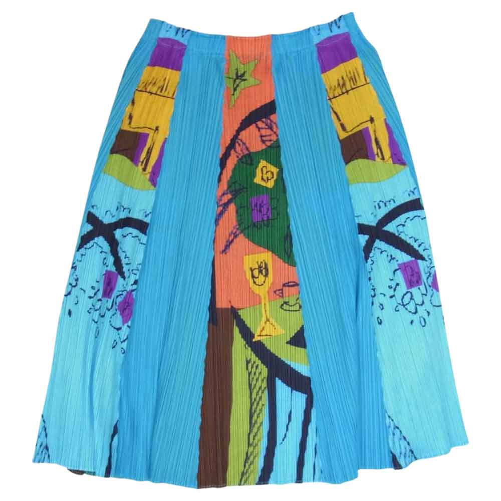 PLEATS PLEASE プリーツプリーズ イッセイミヤケ PP11-JG779 総柄 イラスト プリーツ スカート ブルー系 4【美品】【中古】