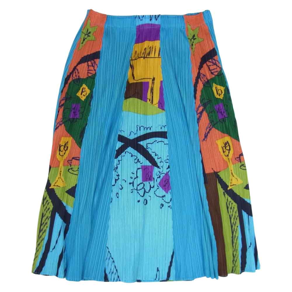 PLEATS PLEASE プリーツプリーズ イッセイミヤケ PP11-JG779 総柄 イラスト プリーツ スカート ブルー系 4【美品】【中古】