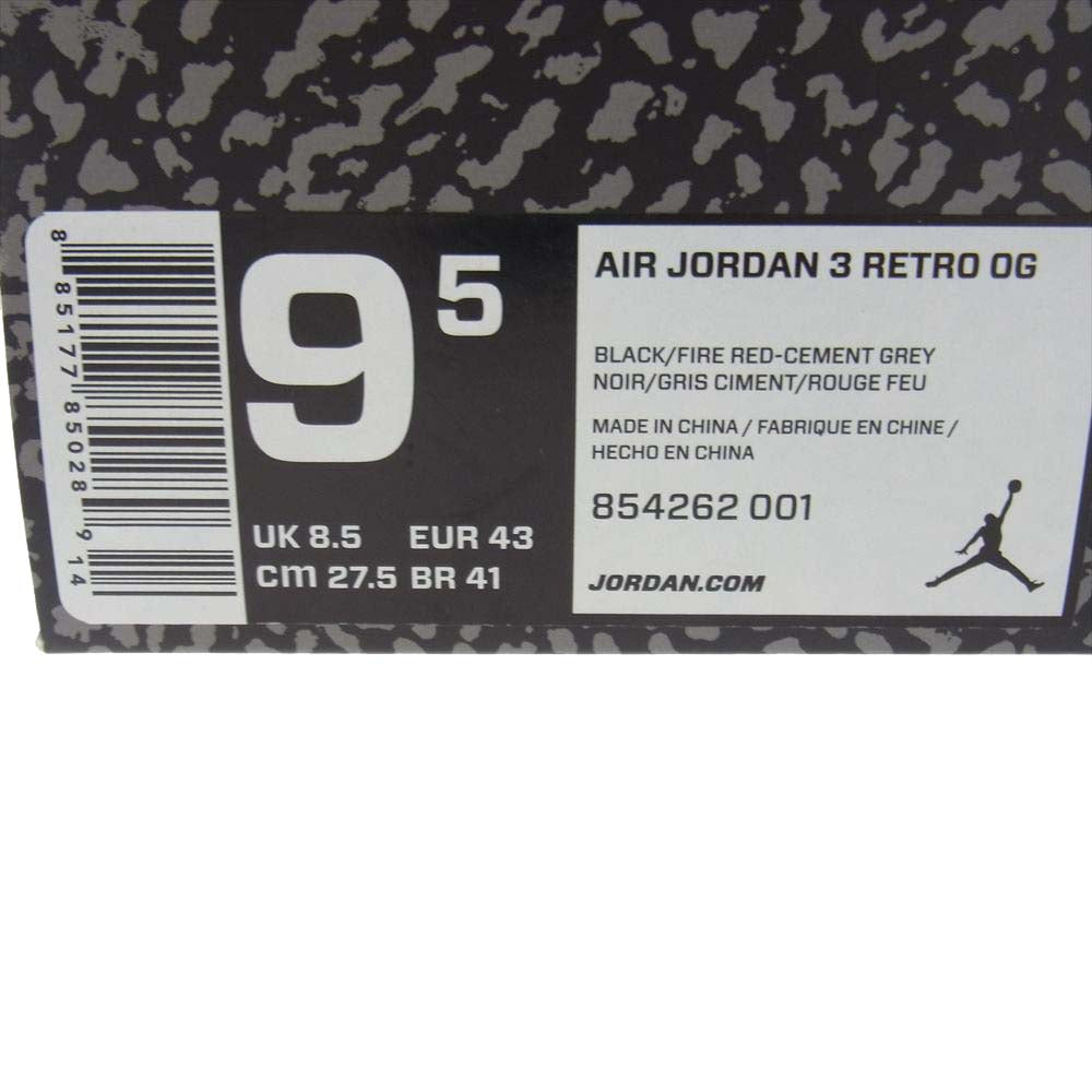NIKE ナイキ 854262-001 Air Jordan 3 Retro OG Black Cement エア ジョーダン 3 レトロ OG ブラック セメント ブラック系 27.5cm【新古品】【未使用】【中古】