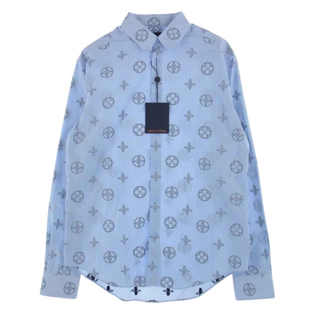 LOUIS VUITTON ルイ・ヴィトン 21SS ZQJ HKS17W モノグラム プレイズドグラフィック ストライプ 長袖 シャツ ライトブルー系 L【新古品】【未使用】【中古】