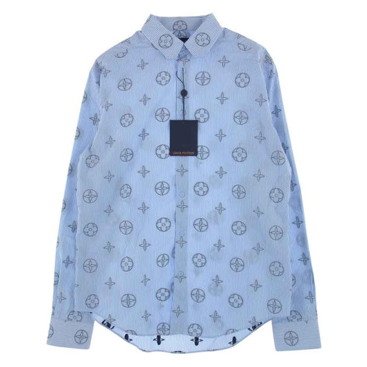 LOUIS VUITTON ルイ・ヴィトン 21SS ZQJ HKS17W モノグラム プレイズドグラフィック ストライプ 長袖 シャツ ライトブルー系 L【新古品】【未使用】【中古】