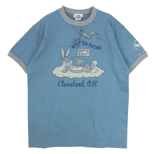 TOY'S McCOY トイズマッコイ KEEP 'EM FLYING 前Vガゼット BUGS BUNNY バッグスバニー マイティー エース フロント プリント ミリタリー Tシャツ ブルー系 L【中古】