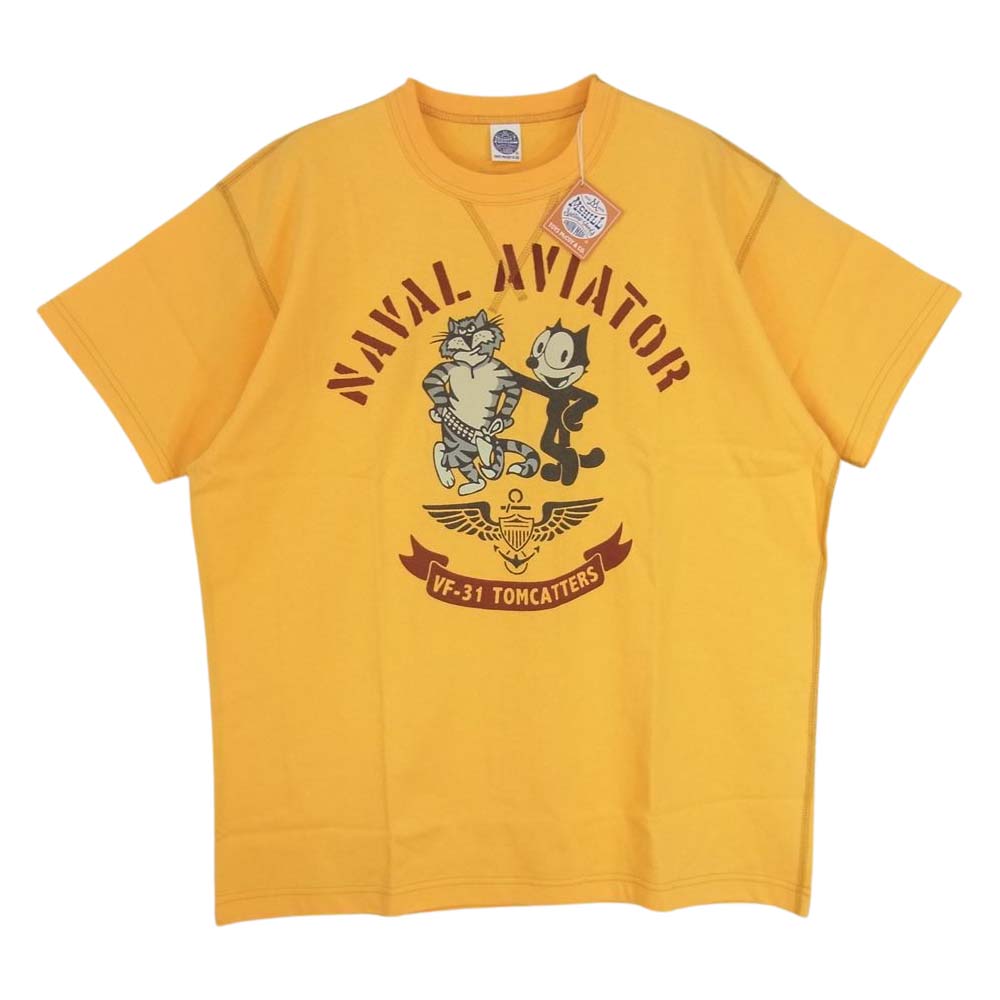 TOY'S McCOY トイズマッコイ TMC1322 FELIX THE CAT フィリックス ザ キャット NAVAL AVIATOR 前V 半袖 Tシャツ イエロー系 L【美品】【中古】