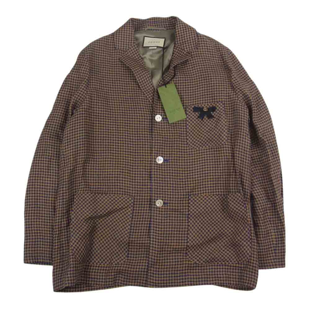 GUCCI グッチ 21AW 659844 GGロゴリボン ミニチェック シングルブレスト ノッチドラペル ジャケット ブラウン系 48【極上美品】【中古】
