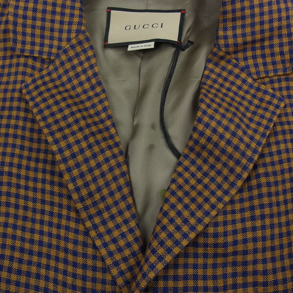GUCCI グッチ 21AW 659844 GGロゴリボン ミニチェック シングルブレスト ノッチドラペル ジャケット ブラウン系 48【極上美品】【中古】