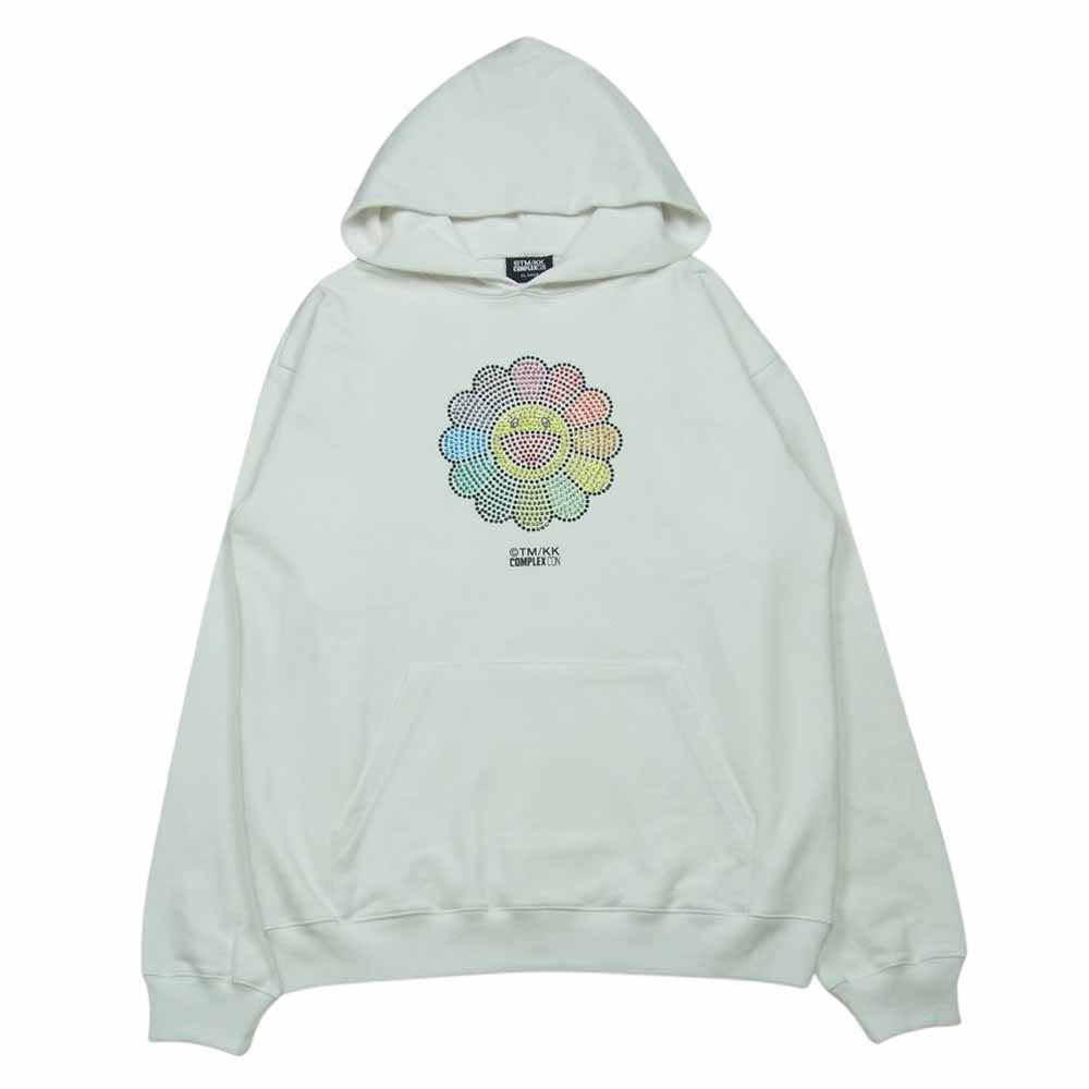 コンプレックスコン TAKASHI MURAKAMI 村上隆 カイカイキキ スワロフスキー プルオーバ― フーディ パーカー ホワイト系 XL【中古】
