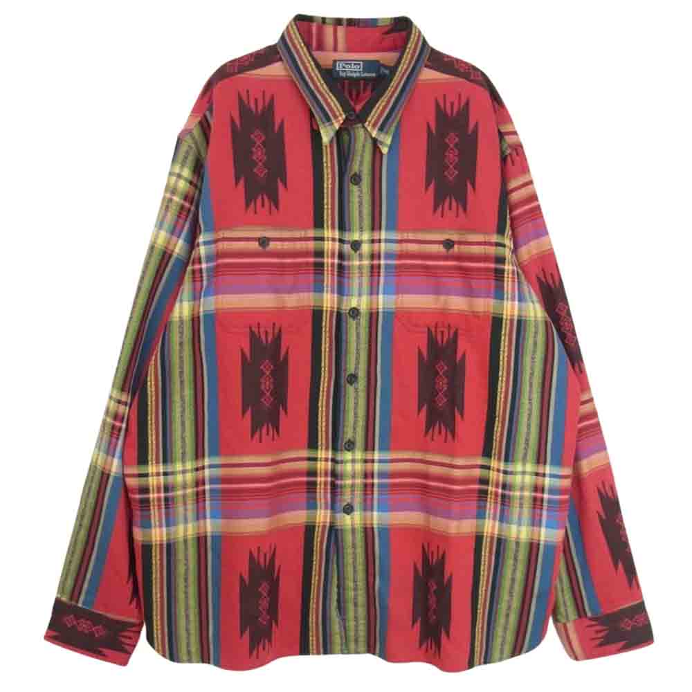 POLO RALPH LAUREN ポロ・ラルフローレン 90s チンストラップ ネイティブ 総柄 長袖 シャツ レッド系 XXL【中古】