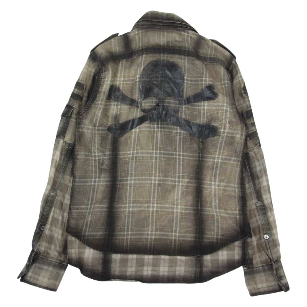 ROEN ロエン 77136017 TARTAN SKULL SHIRT タータンチェック スカルペイント レイヤード ミリタリー 長袖 シャツ ブラウン系 46【中古】