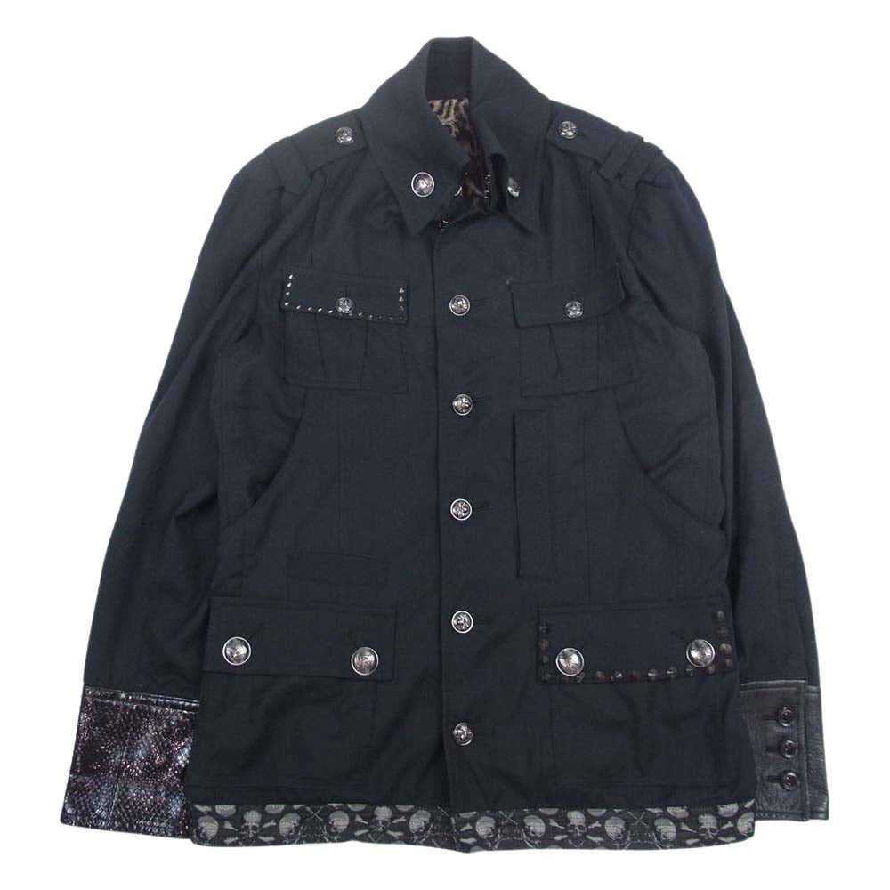 ROEN ロエン 78132055 レザー切替 裏地レオパード スカルスタッズ バックワッペン エポレット ジャケット  ブラック系 48【中古】