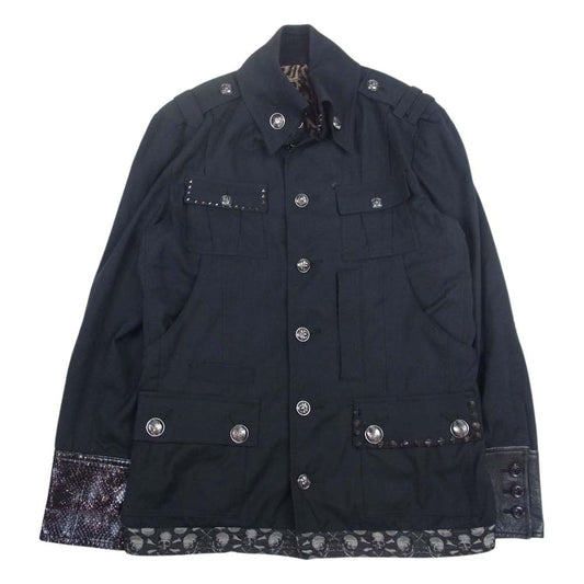 ROEN ロエン 78132055 レザー切替 裏地レオパード スカルスタッズ バックワッペン エポレット ジャケット  ブラック系 48【中古】