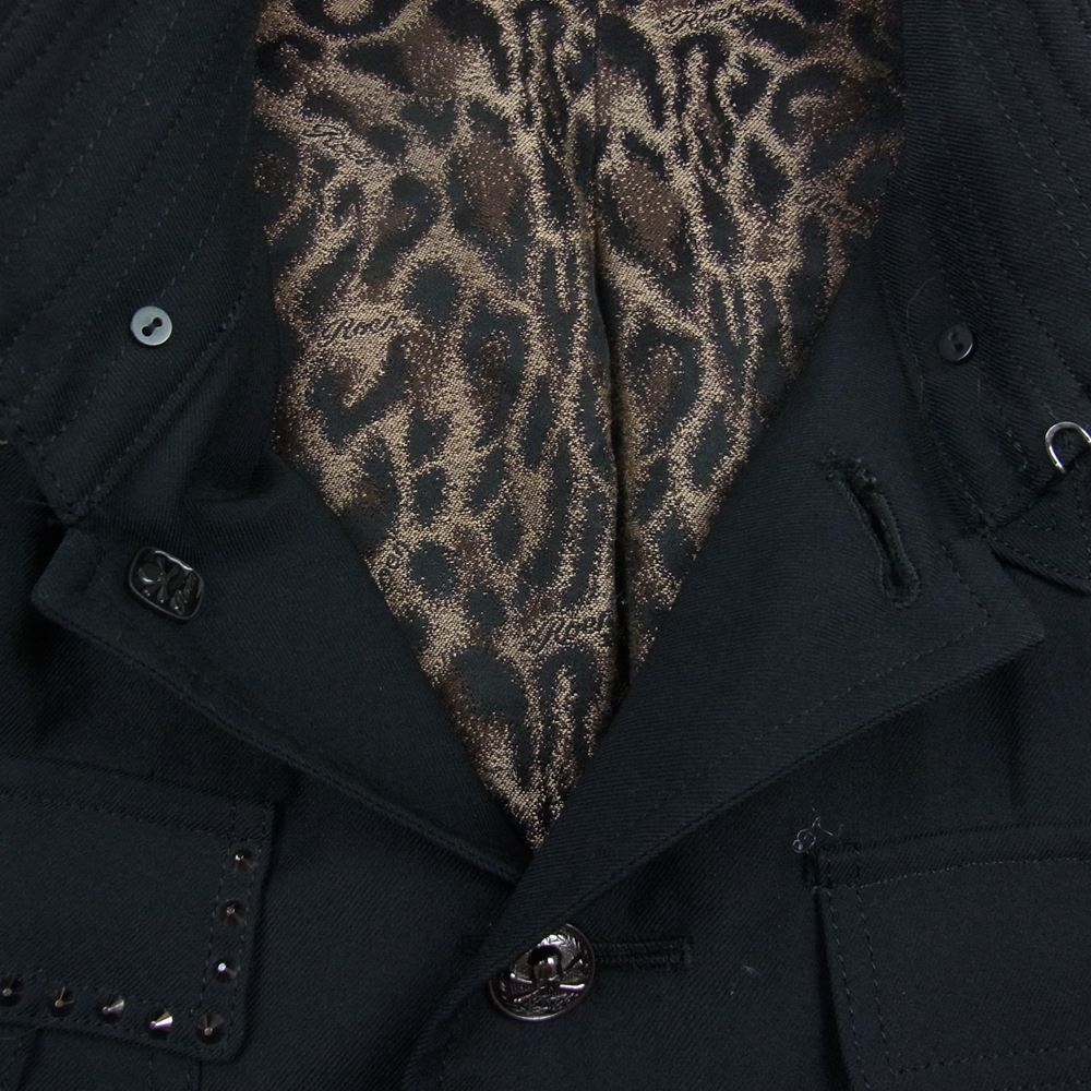 ROEN ロエン 78132055 レザー切替 裏地レオパード スカルスタッズ バックワッペン エポレット ジャケット  ブラック系 48【中古】