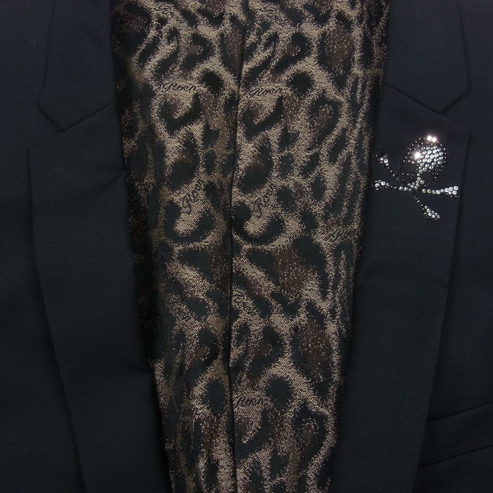 ROEN ロエン 72131014 スカルスワロフスキー 袖ストライプ切替 裏地レオパード シングルブレスト 2B テーラードジャケット ブラック系 48【中古】