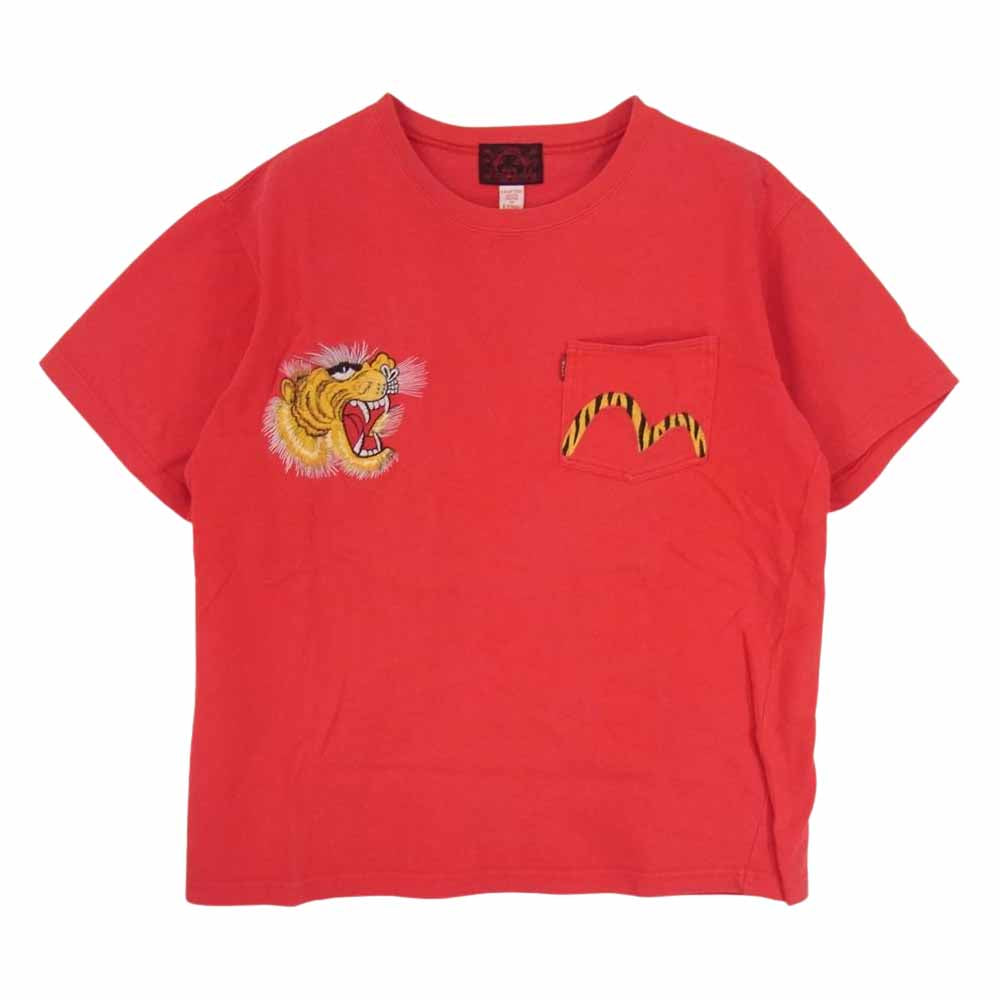 EVISU エヴィス 虎 刺繍　カモメ ポケット Tシャツ レッド系 40【中古】