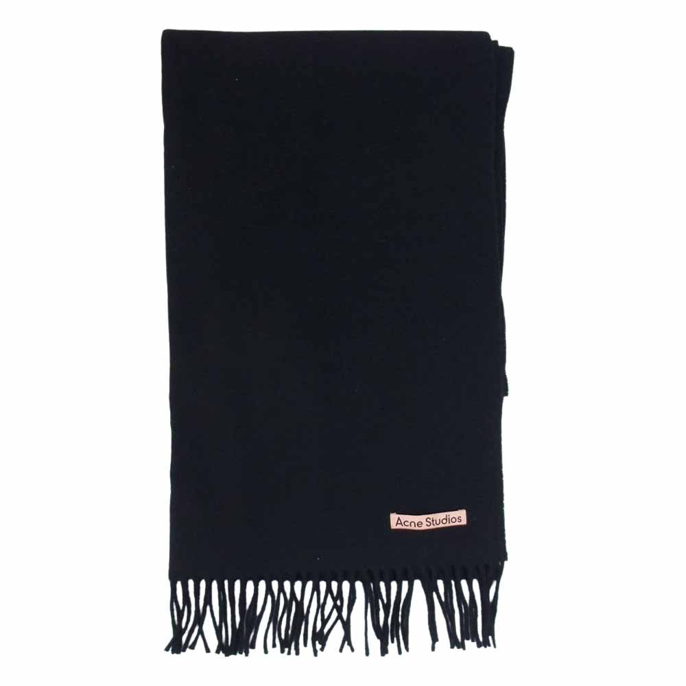 ACNE STUDIOS アクネストゥディオズ ヴァージンウール ロゴ フリンジ 大判 マフラー ストール ブラック系【中古】