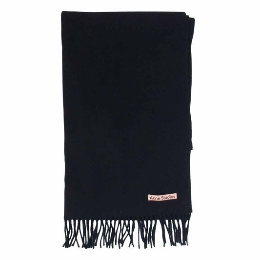 ACNE STUDIOS アクネストゥディオズ ヴァージンウール ロゴ フリンジ 大判 マフラー ストール ブラック系【中古】