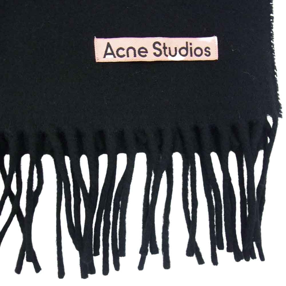 ACNE STUDIOS アクネストゥディオズ ヴァージンウール ロゴ フリンジ 大判 マフラー ストール ブラック系【中古】