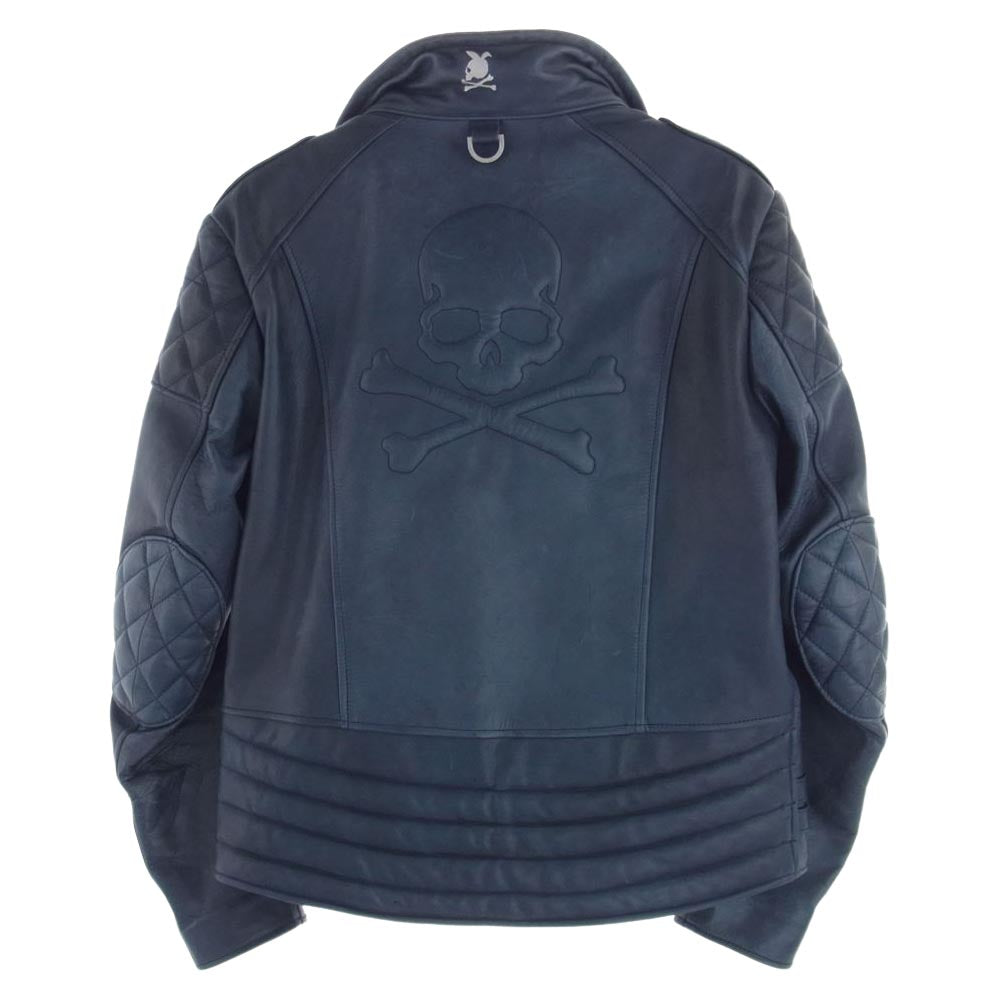 NEIGHBORHOOD ネイバーフッド 12AW 122CCMJN-JKM02S × mastermind JAPAN マスターマインド THUNDER BOLT  サンダーボルト レザー ダブル ライダース ジャケット ネイビー系 L【中古】