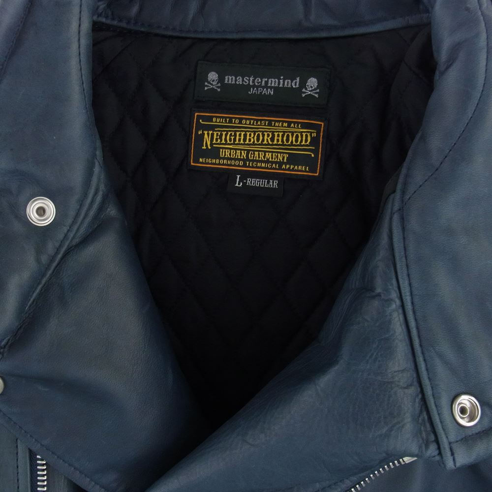 NEIGHBORHOOD ネイバーフッド 12AW 122CCMJN-JKM02S × mastermind JAPAN マスターマインド THUNDER BOLT  サンダーボルト レザー ダブル ライダース ジャケット ネイビー系 L【中古】