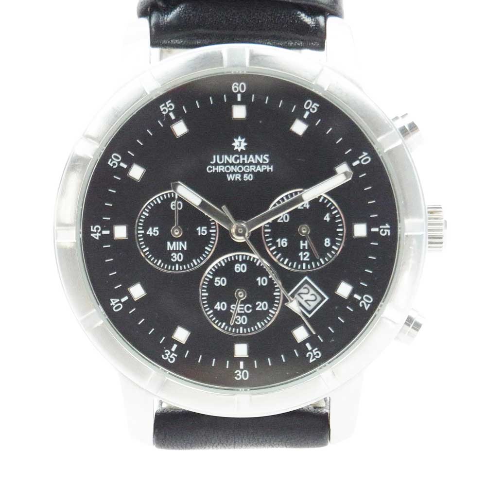 JUNGHANS ユンハンス CHRINOGRAPH クロノグラフ クォーツ 時計 WR5BAR レザーベルト ブラック系【中古】