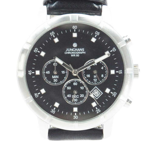 JUNGHANS ユンハンス CHRINOGRAPH クロノグラフ クォーツ 時計 WR5BAR レザーベルト ブラック系【中古】