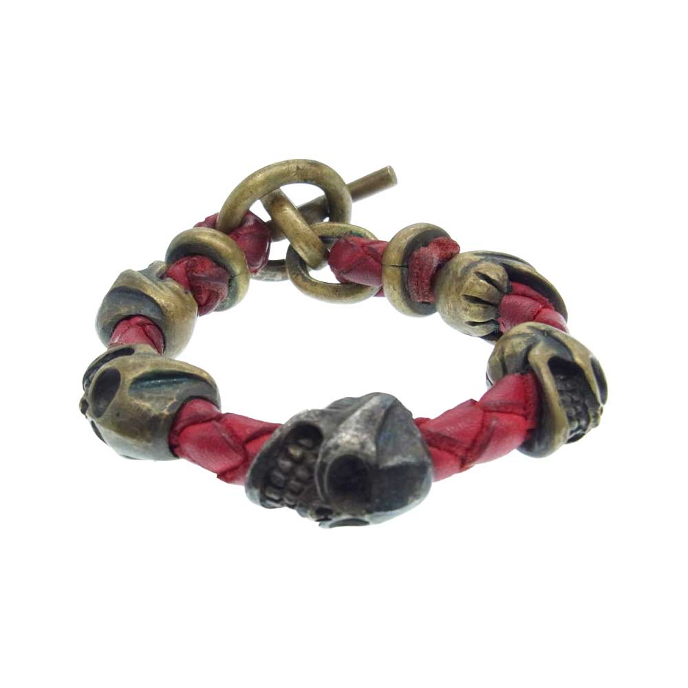 GOLD KID 真鍮 SKULL LEATHER スカル レザー ブレスレット レッド系【中古】