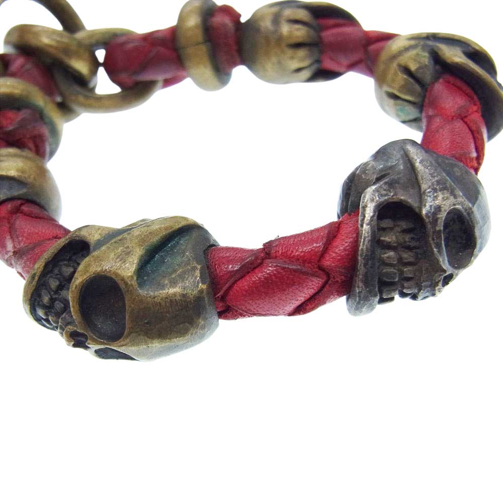 GOLD KID 真鍮 SKULL LEATHER スカル レザー ブレスレット レッド系【中古】