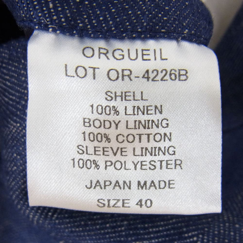 ORGUEIL オルゲイユ OR-4226B Indigo Linen Jacket インディゴブルー系 40【中古】