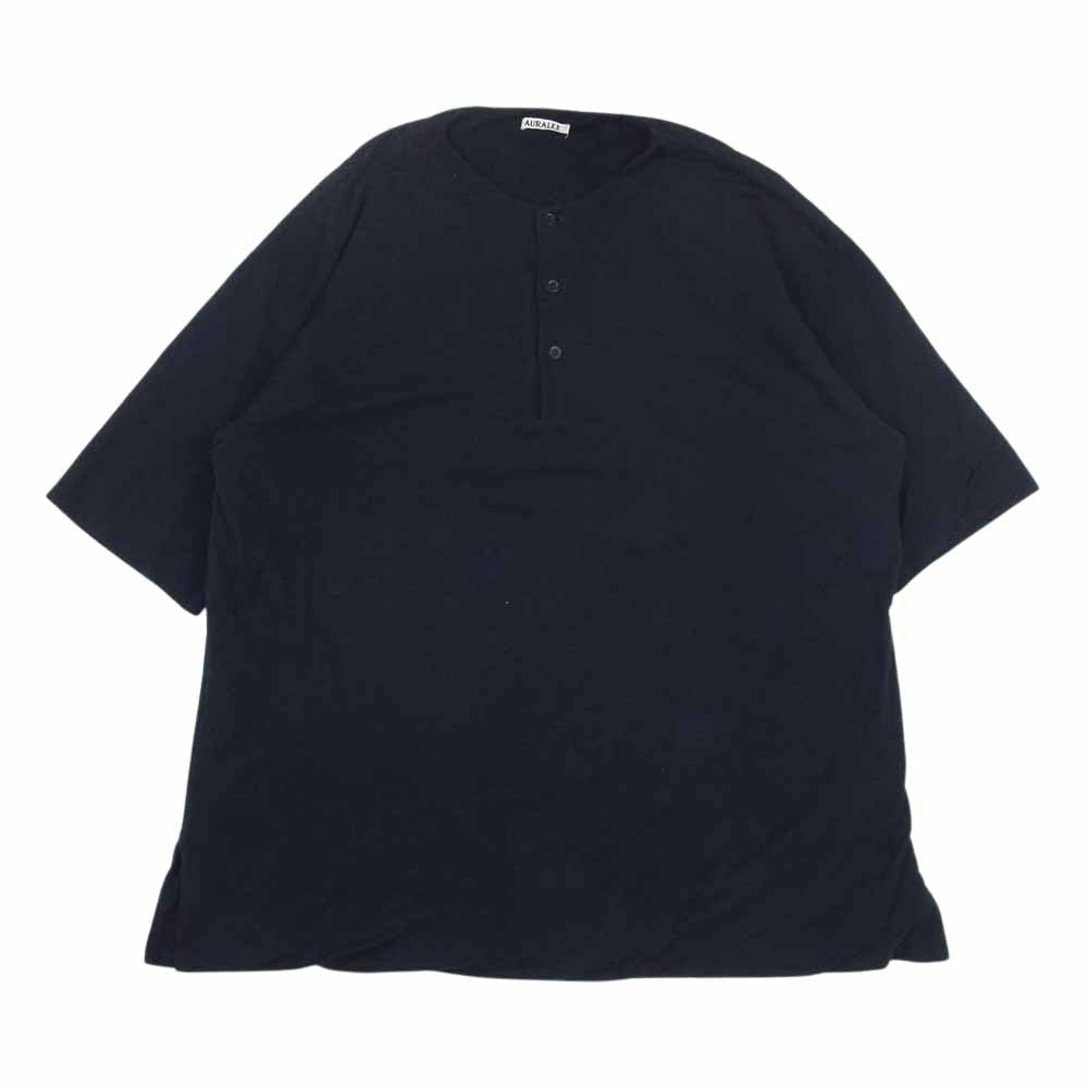 AURALEE オーラリー A8SH02HK HIGH GAUGE PIQUE DOUBLE CLOTH HENLEY NECK ハイ ガーゼ ピケ ダブル クロース ヘンリー ネック 半袖 Tシャツ ネイビー系 4【中古】