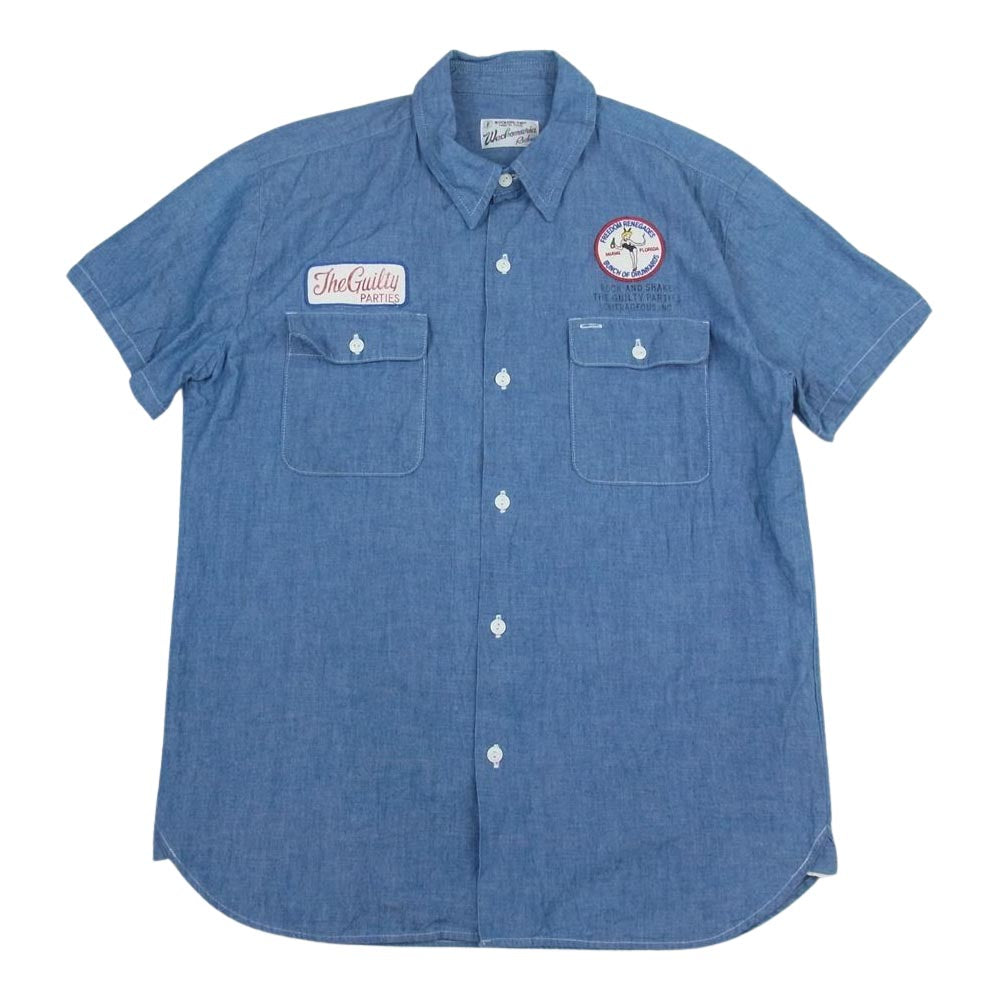 WACKO MARIA ワコマリア バック マリアプリント ワッペン付 シャンブレー 半袖 シャツ インディゴブルー系 XL【中古】