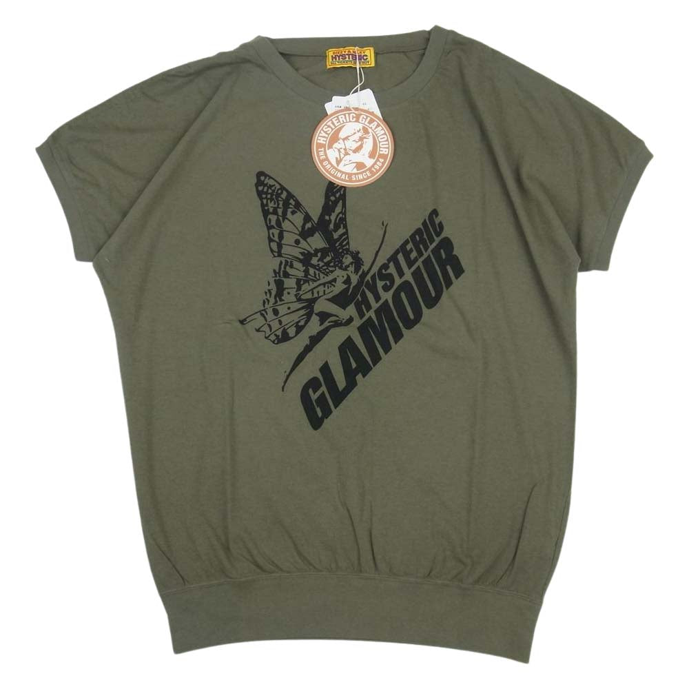 HYSTERIC GLAMOUR ヒステリックグラマー 01221CT08 BUTTERFLY GIRL プリント Tシャツ カーキ系 F【新古品】【未使用】【中古】