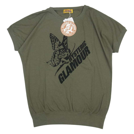 HYSTERIC GLAMOUR ヒステリックグラマー 01221CT08 BUTTERFLY GIRL プリント Tシャツ カーキ系 F【新古品】【未使用】【中古】