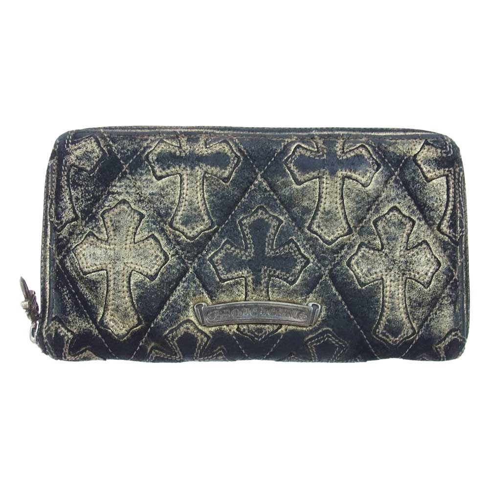 CHROME HEARTS クロムハーツ（原本無） REC F ZIP ＃2 キルティングセメタリークロス メタリックゴールドレザー ウォレット ブラック系 ゴールド系【中古】