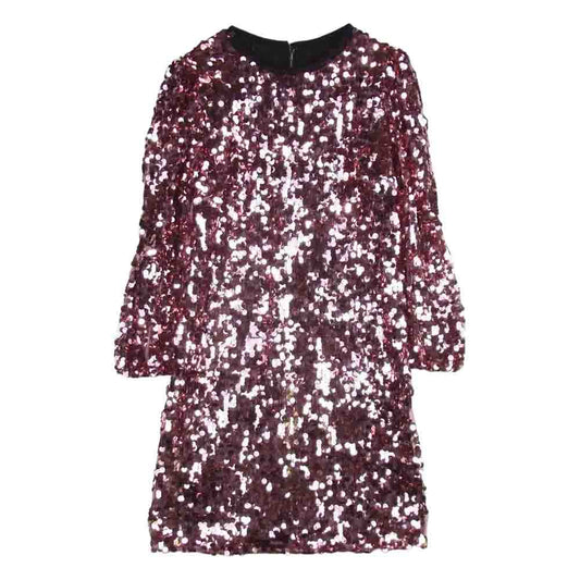 DOLCE&GABBANA ドルチェアンドガッバーナ 総スパンコール装飾 裏地シルク混 長袖 ワンピース ドレス ピンク系 38【中古】