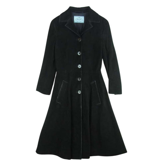 PRADA プラダ スエード  レザー パイピング ロング コート イタリア製 ブラック系 40【中古】
