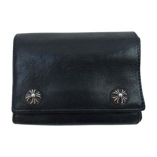 CHROME HEARTS クロムハーツ（原本無） 3FOLD 3フォールド クロスボタン レザーウォレット 3つ折り財布 ブラック系【中古】
