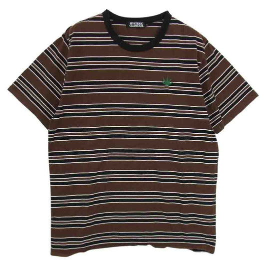 HYSTERIC GLAMOUR ヒステリックグラマー 4CT-6453 マリファナ 刺繍 ボーダー 半袖 Tシャツ ブラウン系 L【中古】
