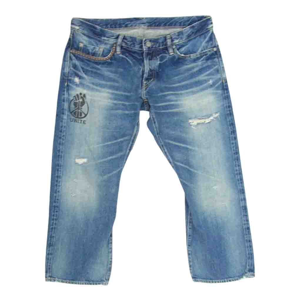 HYSTERIC GLAMOUR ヒステリックグラマー 0211AP11 CLASH加工 UNITE スタッズ クロップド デニム パンツ インディゴブルー系 34【中古】
