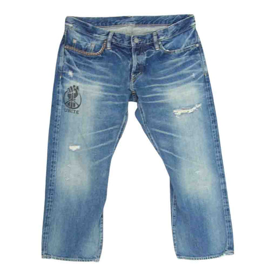 HYSTERIC GLAMOUR ヒステリックグラマー 0211AP11 CLASH加工 UNITE スタッズ クロップド デニム パンツ インディゴブルー系 34【中古】