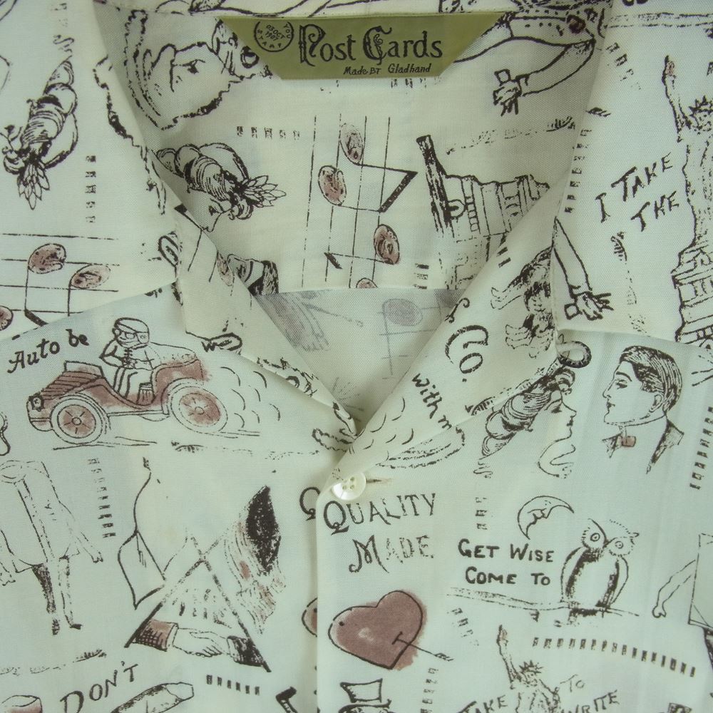 GLADHAND & Co. グラッドハンド GLAD POSTALS HAWAIIAN L/S SHIRTS 総柄 長袖 ハワイアン レーヨン シャツ オフホワイト系 クリーム系 2XL【中古】