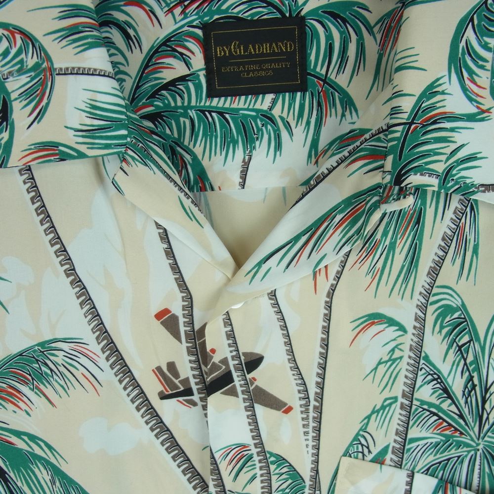 GLADHAND & Co. グラッドハンド 23SS BYGH-23-SS-06 PALM TREE - L/S SHIRTS オリジナル 抜染 レーヨン アロハ ハワイアン 長袖 シャツ オフホワイト系 クリーム系 XL【中古】