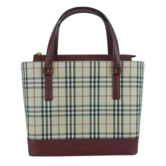 BURBERRY バーバリー ノバ チェック レザー 切替 バッグ ベージュ系 ボルドー系【中古】