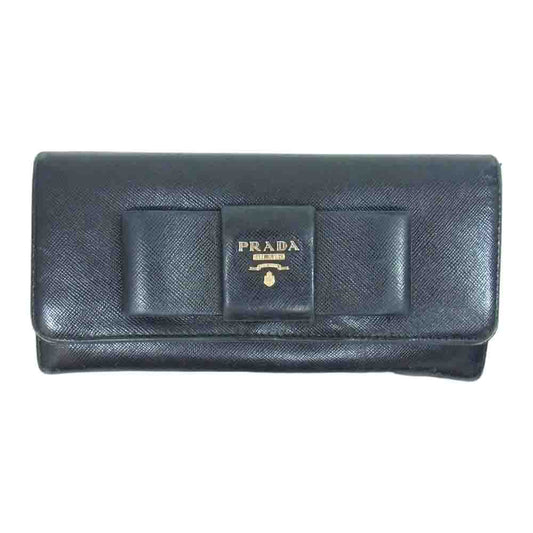 PRADA プラダ サフィアーノ レザー リボン 長財布 ブラック系【中古】