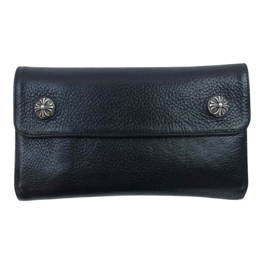 CHROME HEARTS クロムハーツ（原本有） WAVE CROSS BALL ウェーブ クロス ボール ボタン レザー ウォレット 財布 ブラック系【中古】