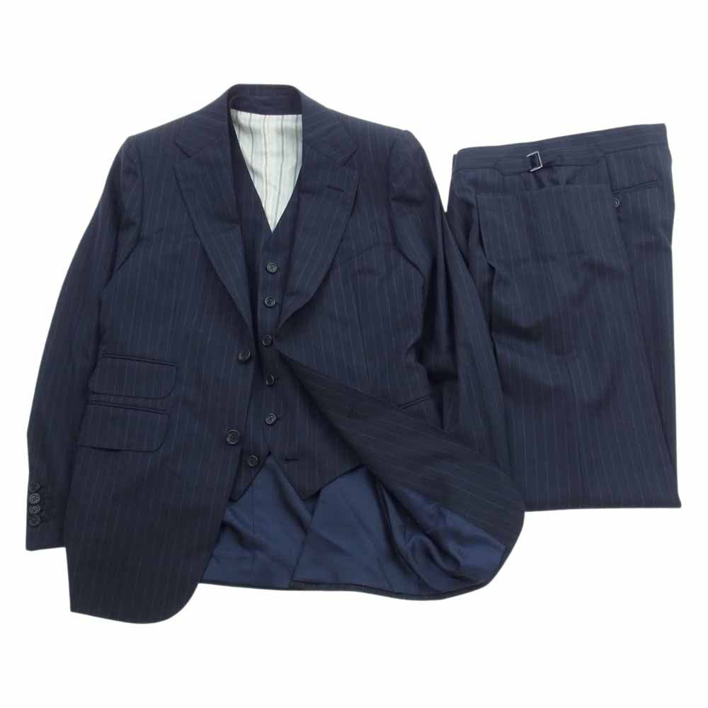 Dunhill ダンヒル BELGRAVIA ウール ストライプ 2B 本切羽 3P 3ピース セットアップ ネイビー系 36【美品】【中古】