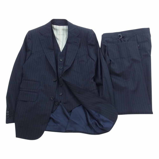 Dunhill ダンヒル BELGRAVIA ウール ストライプ 2B 本切羽 3P 3ピース セットアップ ネイビー系 36【美品】【中古】