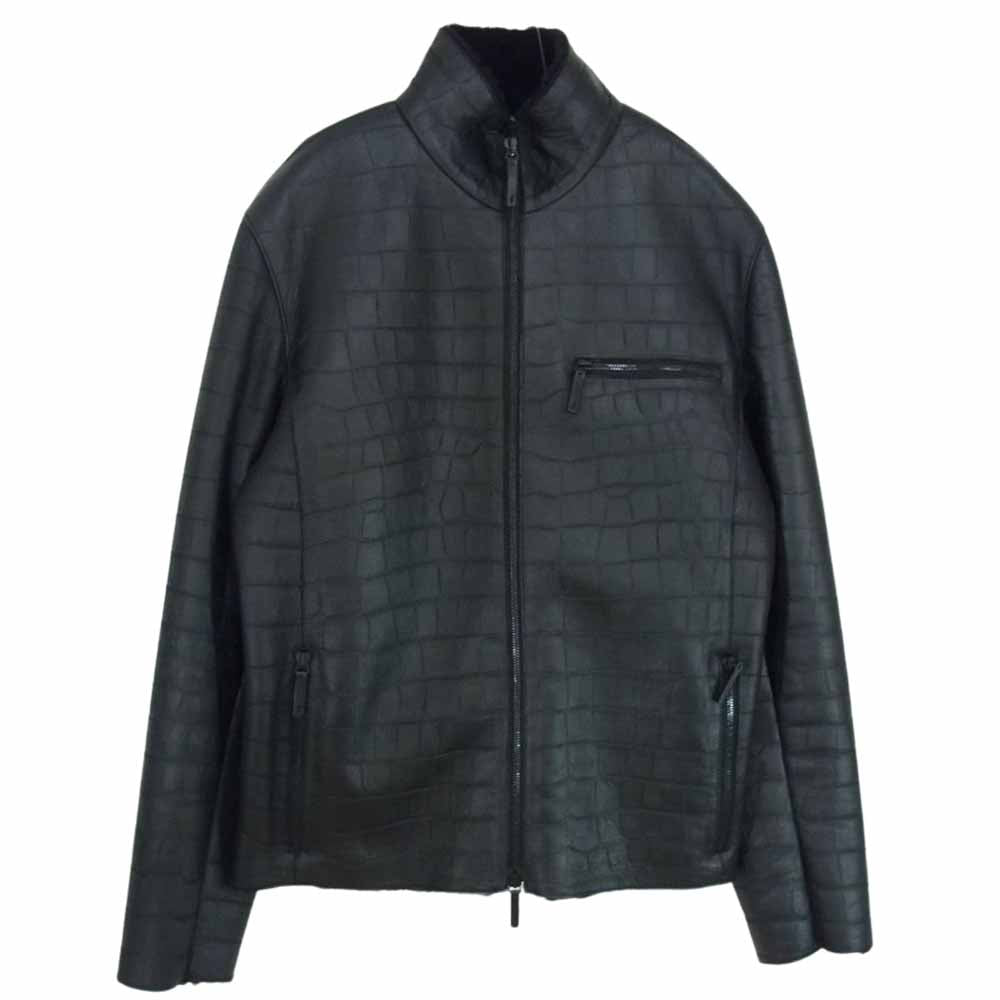 ARMANI COLLEZIONI アルマーニコレッツォーニ 国内正規品 クロコ型押し 裏地ボアムートン シングル ラムレザー ジャケット ブラック系 48【中古】