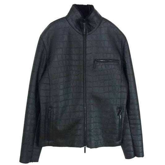 ARMANI COLLEZIONI アルマーニコレッツォーニ 国内正規品 クロコ型押し 裏地ボアムートン シングル ラムレザー ジャケット ブラック系 48【中古】
