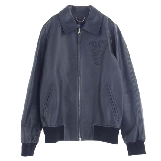 LOUIS VUITTON ルイ・ヴィトン Vロゴ リブ切替 ヴァーシティー レザー ジャケット スタジャン ダークグレー系 46【中古】