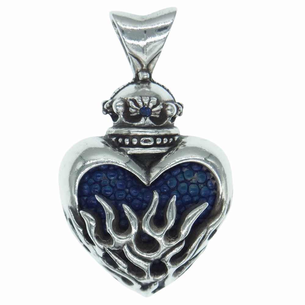 レザーズアンドトレジャーズ Small flame heart w/stingray w/sapphire スモール フレーム ハート ペンダント スティングレイ レザー ネックレス シルバー系 ブルー系【中古】